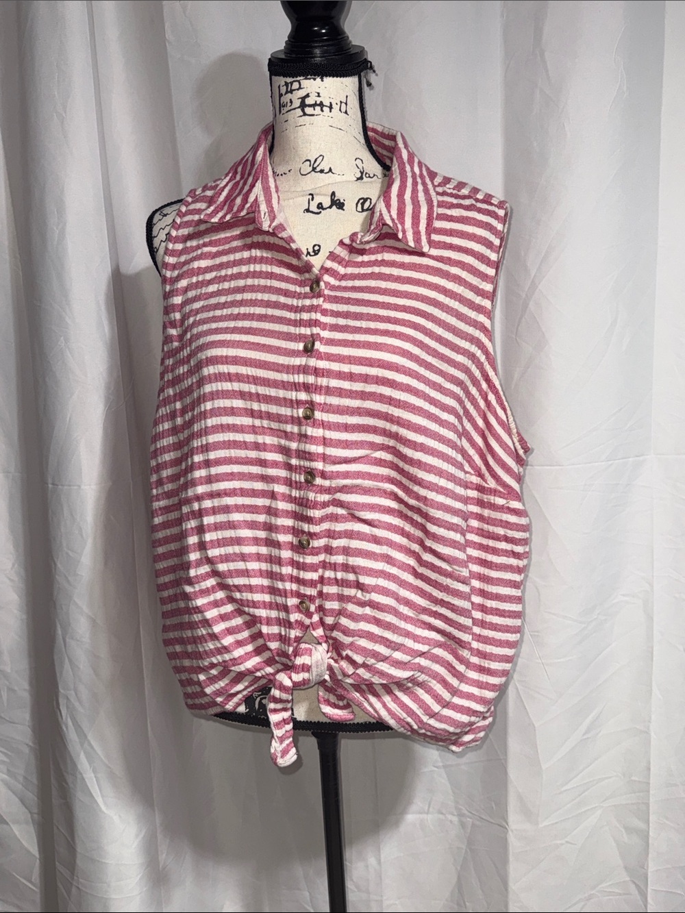 Terra & Sky Pink and White Striped Sleeveless Button-Down Tie-Front Top